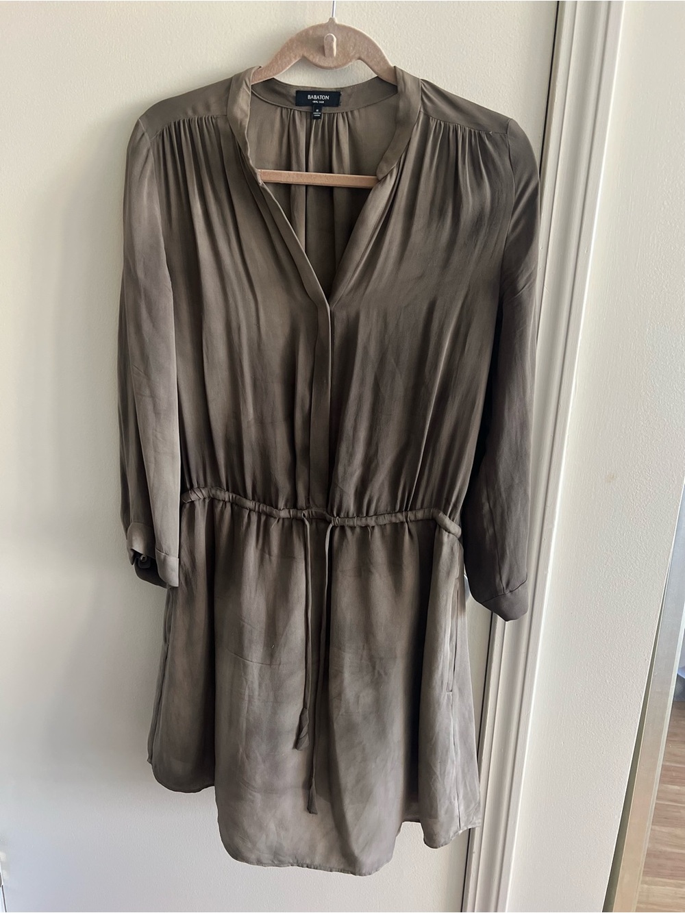 Aritzia Babaton 100% Silk Tie Waist Mini Dress Taupe M